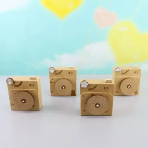 Gedetailleerd overzicht van houten camera speeldoosjes, creatieve beuken decoratie.