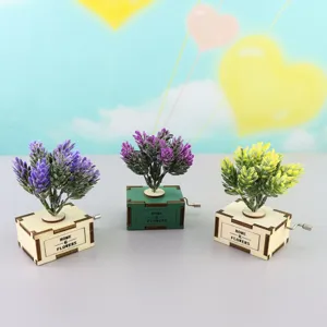 Hand-cranked wooden music box with artificial lavender flowers, cute desktop decor gift.