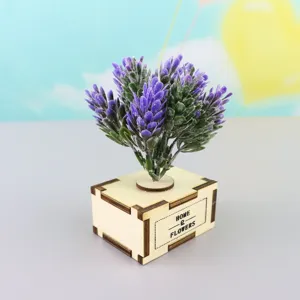 Charming handmade wooden lavender music box artificial flower pot desktop decor gift