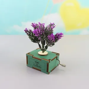 Hand-cranked wooden music box with purple lavender flowers, creative gift decor desktop ornament.