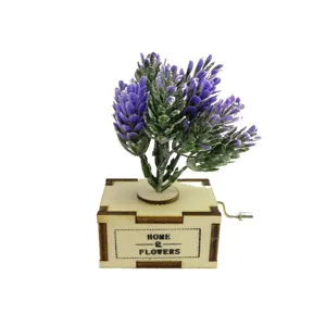 Wooden hand-cranked music box with purple lavender flowers, vintage home decor gift craft.