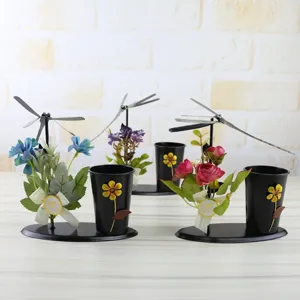 Creative Iron Pen Holder With Rotating Dragonfly Artificial Flowers Desk Storage Organizer Office Desktop Decor Handicraft