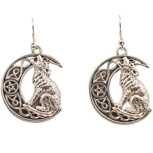 Antique Silver Wolf Crescent Moon Earrings Celtic Pentagram Alloy Jewelry Dangle Drop