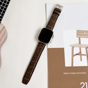 Detailed view of brown crocodile pattern silicone watch strap with metal buckle for smart watch.