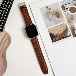 Brown crocodile pattern silicone watch strap replacement band compatible with Apple Watch Ultra SE.