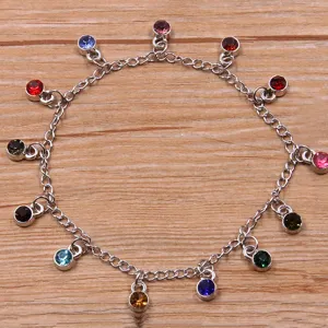 Detailed view of colorful crystal charm pendant bracelet accessory, DIY alloy jewelry.