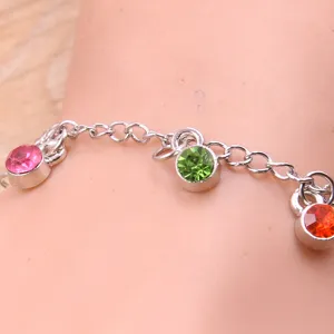Silver tone DIY alloy chain bracelet with colorful crystal charm pendants for jewelry.