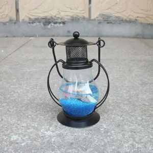 Vintage lantern gel candle holder with blue sand and shells, creative decorative craft gift.