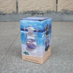 Detailed view of the gel candle packaging box showcasing creative lighthouse candle design patterns.
