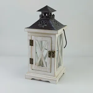 Vintage wooden candle lantern rustic white tabletop decorative candle holder for home decor