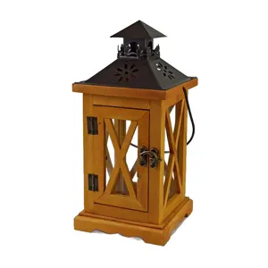 Vintage wooden lantern candle holder, rustic decorative desktop centerpiece for home decor.