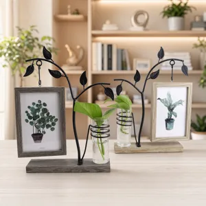 Wooden Iron Double Sided Photo Frame With Hydroponic Glass Vase Modern Minimalist Desktop Decor Picture Display Stand