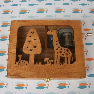 Wooden hand-cranked music box featuring a cute giraffe and tree cutout window design.