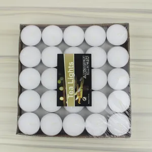 White unscented tea light candles in bulk, pressed round wax candles for wedding party decor.