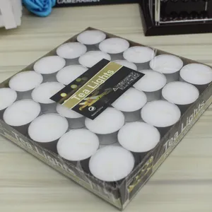Bulk pack of 50 round tea light candles in aluminum cups for wedding home decor and parties.