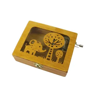Large wooden hand-crank music box with forest elephant design gift ornament decor
