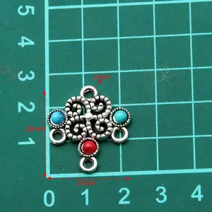 Alloy jewelry connector multi-hole filigree floral charm with red blue resin for DIY craft.