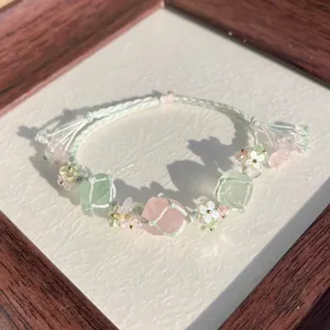 Handmade Woven Bracelet With Synthetic Pink Crystal Green Raw Stone Floral Boho Style Women Jewelry Gift