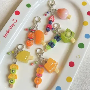 Cute Resin Fruit Beaded Phone Chain Bag Pendant Simulation Strawberry Lemon Orange Key Ring Aesthetic Accessory Gift