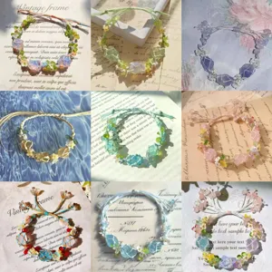 Handmade macrame crystal flower woven bracelet set, unique vintage style bestie gift jewelry.