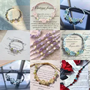 Handmade macrame synthetic crystal flower wreath woven bracelet collection gift for best friend