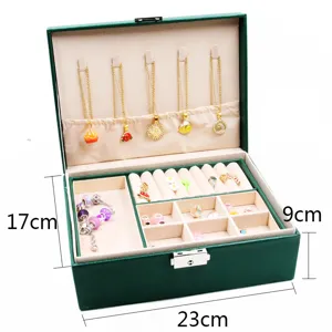 Doppelter Leder-Schmuckkasten mit Schloss, großer Organizer für Ringe, Ohrringe und Ketten.