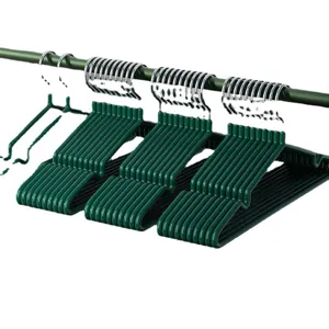 Green non slip stainless steel clothes hangers for dorm room and home clothing drying main view.