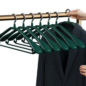 Dark green plastic coated seamless clothes hangers with anti slip design for home wardrobe use.