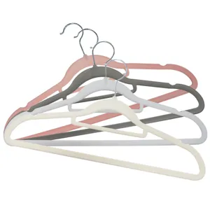 Non-slip flocked clothes hangers in assorted colors, space-saving velvet coat hangers.