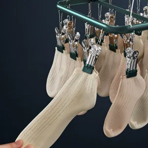 Aluminum alloy multi-functional clothes drying rack with strong clips for socks and underwear.