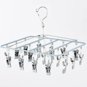 Stainless steel drying rack with multiple clips for socks and underwear on balcony