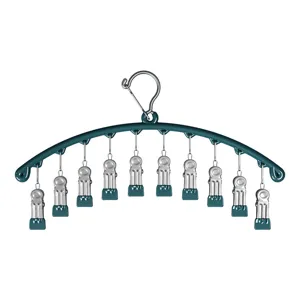 Stainless steel multi-clip drying rack with windproof hook for socks and underwear.