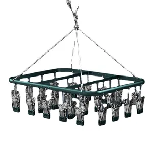 Aluminum alloy drying rack with multiple clips for socks and underwear, windproof design.