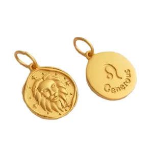 Ancient gold Leo zodiac pendant DIY jewelry accessory, double-sided embossed coin charm.