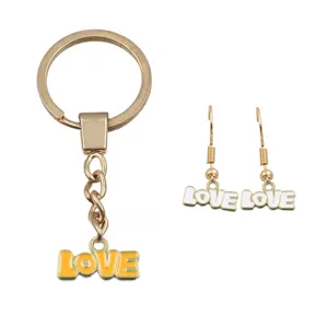 KC gold enamel love letter keychain and earrings set, diy alloy fashion jewelry details.