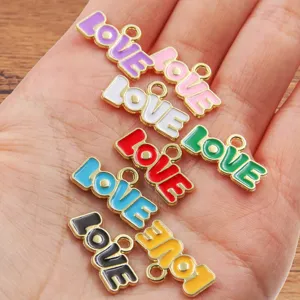 Enamel LOVE letter charms pendant details, DIY alloy jewelry components for handmade crafts.