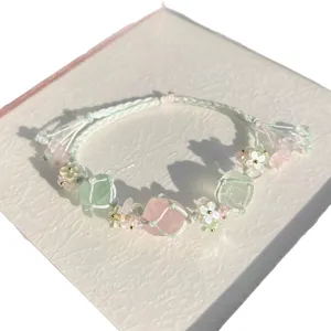 Handmade Woven Bracelet Green Raw Stone Pink Crystal Floral Fresh Mori Style Jewelry.