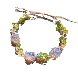 Handmade macrame woven crystal flower bracelet with net pocket, adjustable size bestie gift.