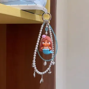 Double Layer Pearl Mermaid Phone Chain Cute Ocean Style Beaded Bag Charm Fashion Phone Lanyard Accessories Gift