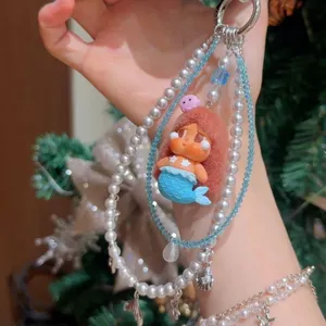 Double pearl mermaid phone chain cute beaded bag pendant gift for best friend ocean style