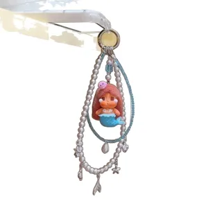 Double layer pearl mermaid phone chain cute ocean style bag pendant gift for best friend