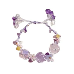 Handmade purple crystal woven net flower bracelet for women, cute crystal stone jewelry gift.
