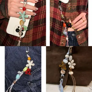 Handmade Resin Floral Beaded Phone Charm Cute Multi Element Bag Charm Niche Aesthetic Strap Hanging Ornament