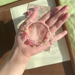 Handgemaakte roze kristal bloem gevlochten armband macramé kralen sieraden cadeau