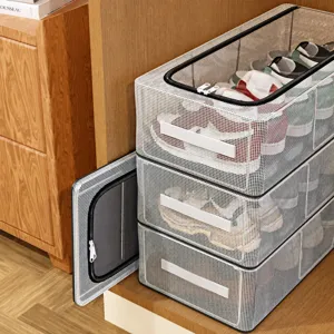 Caja de zapatos plegable de malla para organizar y ahorrar espacio en el armario y pasillo.
