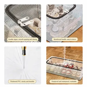 Caja organizadora de zapatos transparente plegable de malla con cremalleras y asas resistentes.