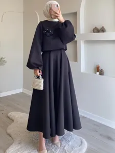 Conjunto de Dos Piezas Negro de Otoño Mujer Top Manga Farol Falda Larga con Broche