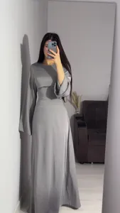 Solid color long sleeve maxi dress with cinched waist, elegant satin party long dress for women