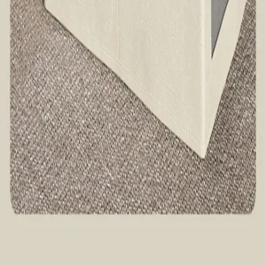 Close-up detail van stoffen opbergdoos, beige linnen textuur met duidelijk zichtbaar venster.
