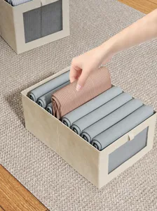 Opvouwbare stoffen opbergdoos met doorzichtig venster voor kleding, beige kleur.